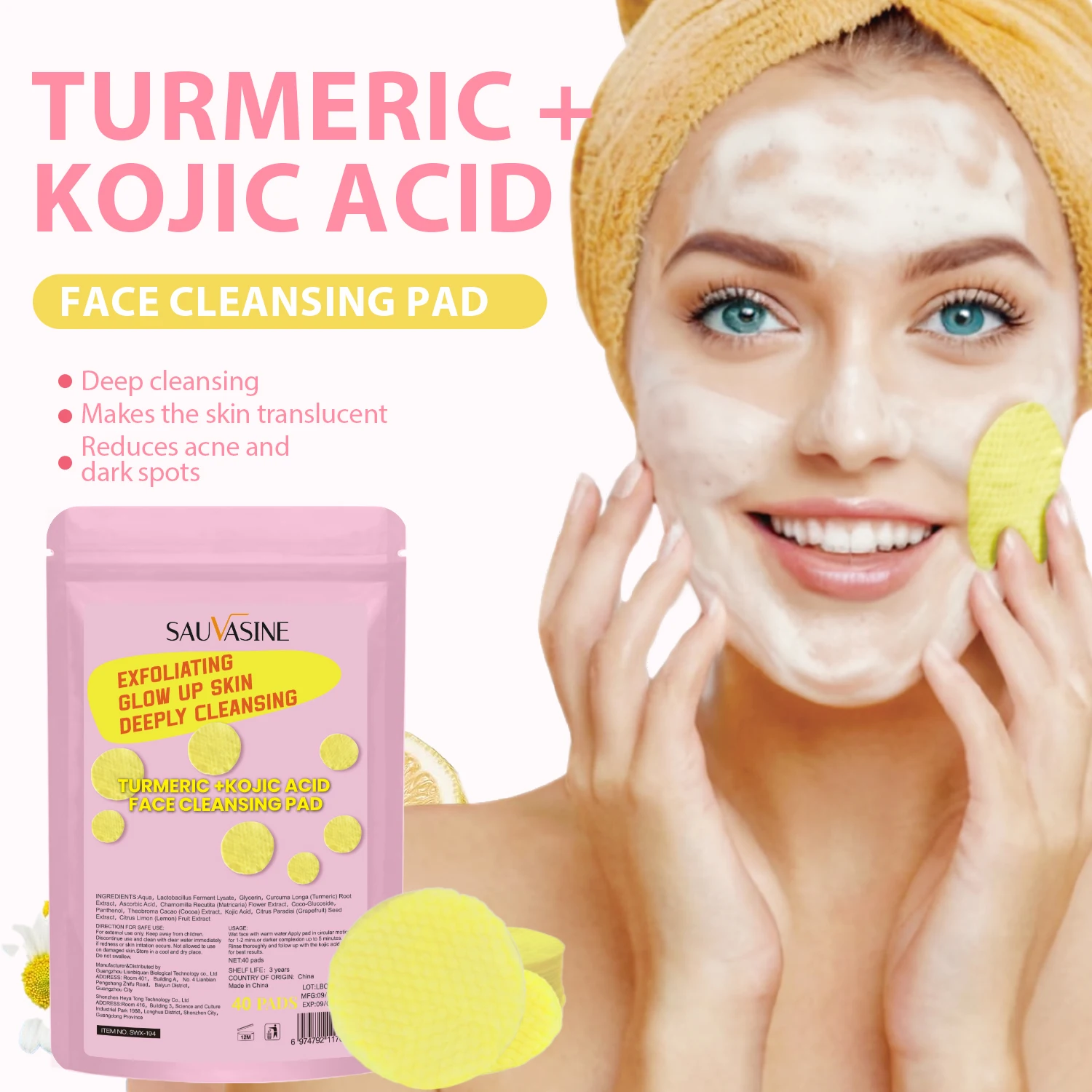 40 PCS Turmeric Kojic Acid Facial Cleansing Pads Whitening Deep Cleaning for Dark Spot Acne Scars Face and Firming Skin