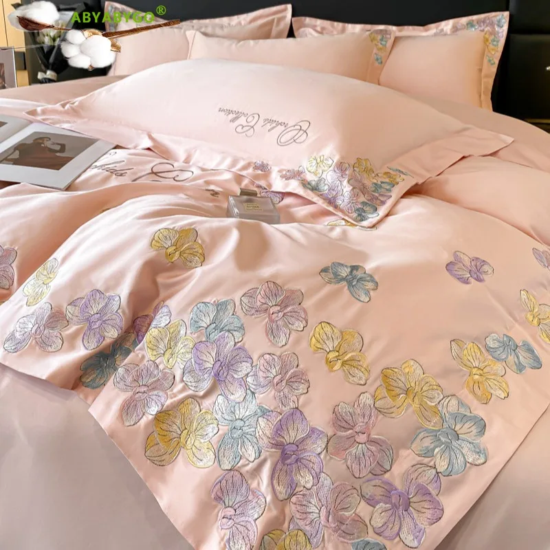 New Bedding Set Luxury Egyptian Cotton Chic Flower Embroidery Duvet Cover Bed Sheets Pillowcases Queen King Size Home Textiles