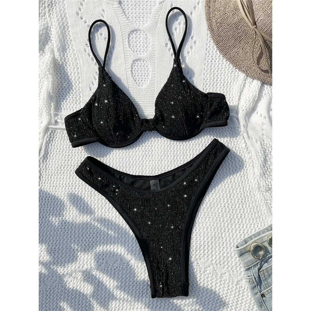 Glänzender, funkelnder, mit Bügel verstärkter brasilianischer Bikini, Damen-Badeanzug, zweiteiliges Bikini-Set, Damen-Badebekleidung, Badeanzug, Schwimmbekleidung V4479 – Detail 10