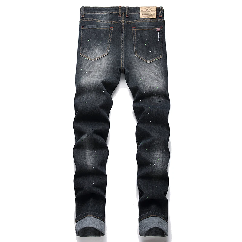 Fashion New Slim Stretch Ripped Jeans Men\'s Streetwear Paint Spots Denim Pants Hip Hop Punk Personality Hole Male Trousers