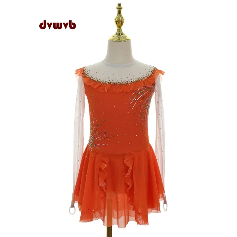 

NewFigure Skating Dress for Kids Girls Stage Performance Costumes Rhinestone Mesh Splice Ballet Dance Dresses Gymnastics Leotard