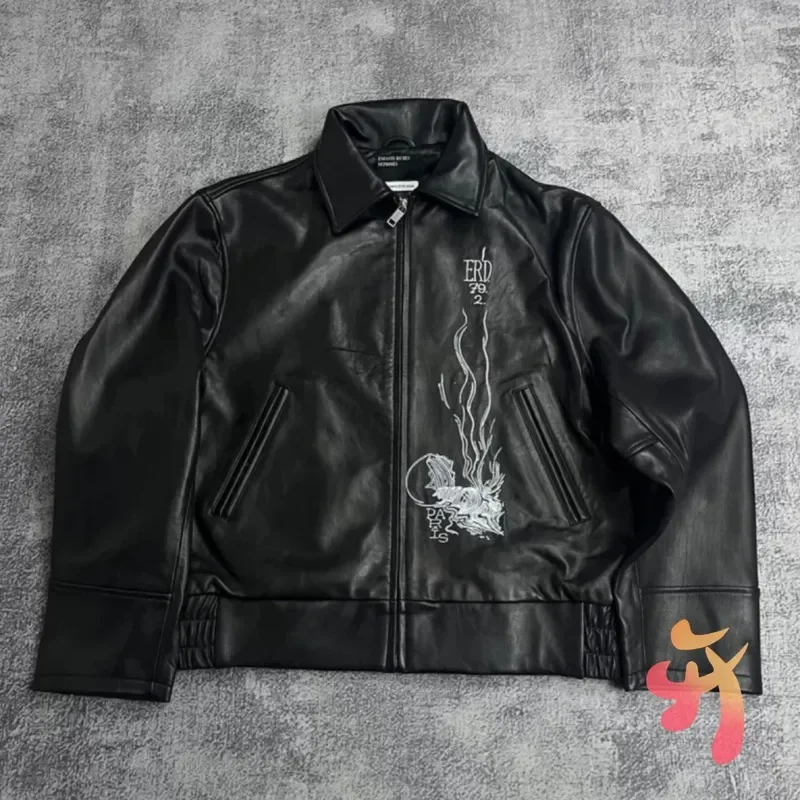 High Street ERD Jackets Splashing Ink Mysterious Person Embroidered Logo PU Leather Zipper Coat Men Women Motorcycle Cleanfit