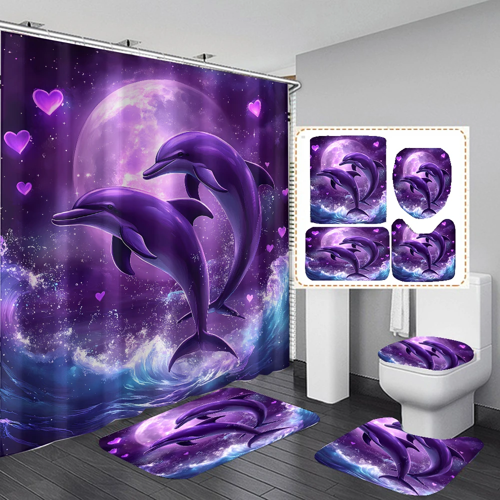 Waterproof Eco-Friendly Polyester 3D Digital Printing Cute Dolphin Sea Creature Bathroom Shower Curtain 4-Piece Set