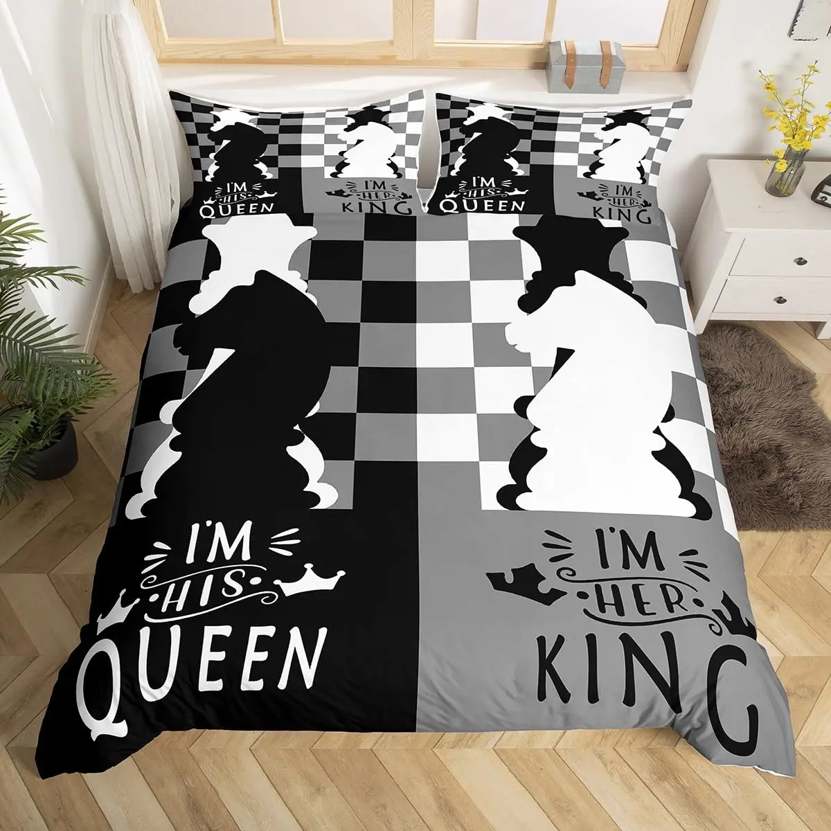 Valentine's Day Couple Duvet Cover King and Queen Crown Bedding Set for Husband Wife Red Black White His Hers Comforter Cover