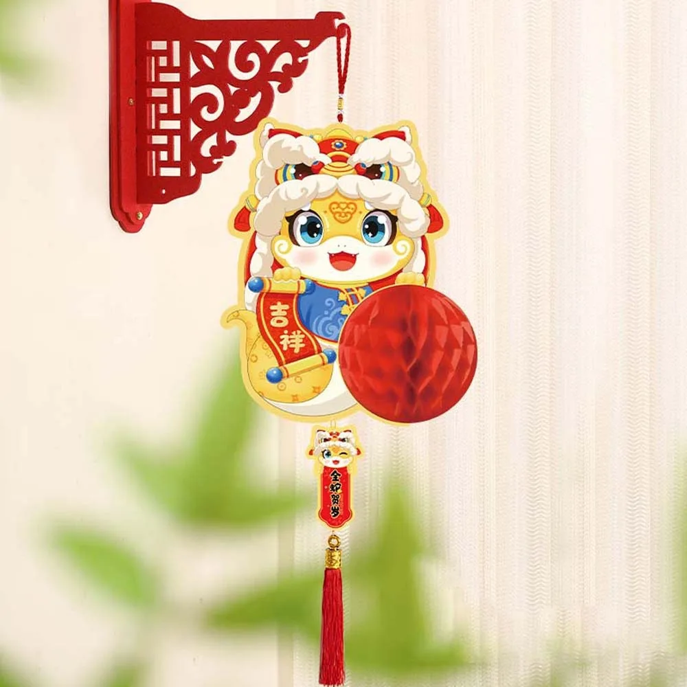 Cartoon Chinese New Year Red Paper Lantern Traditional Blessing Snake Year Pendants Festive Red Honeycomb Ball Ornament Gifts