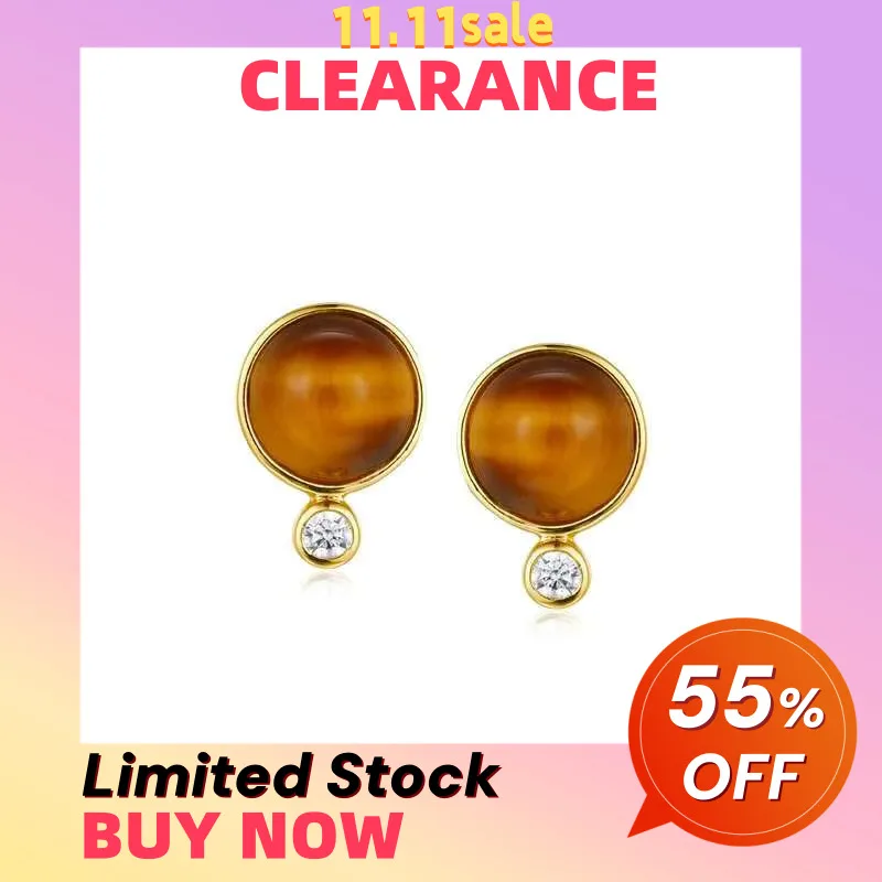 

925 Sterling Silver 18K Gold Plated Natural Tiger Eye Stone Stud Earrings With CZ Clearance Limited Stock First Come First Get