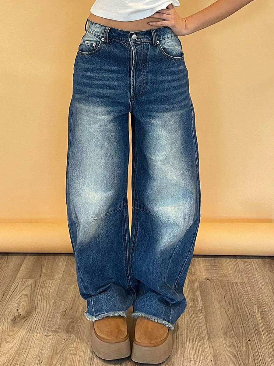 Women's Spring Baggy Jeans Pants Washed Blue Loose Wide Leg Barrel Denim Pants