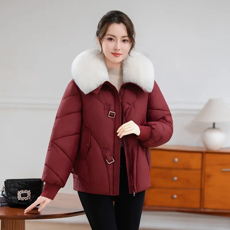 Women Oversize Parkas Coat Solid Short Jacket Middle Age Big Fur Collar Long Sleeve Zipper Straight Fit Thick Casual 2025 Winter