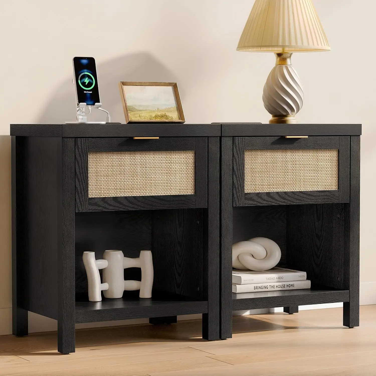 Black Rattan Nightstands Set of 2 with Charging Station, Customized