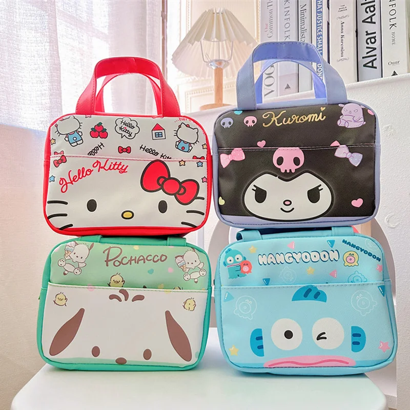 

Anime Sanrio KT Cat Kuromi My Melody PU Large Capacity Lunch Box Bag Kawaii Heart Insulated Portable Lunch Bag