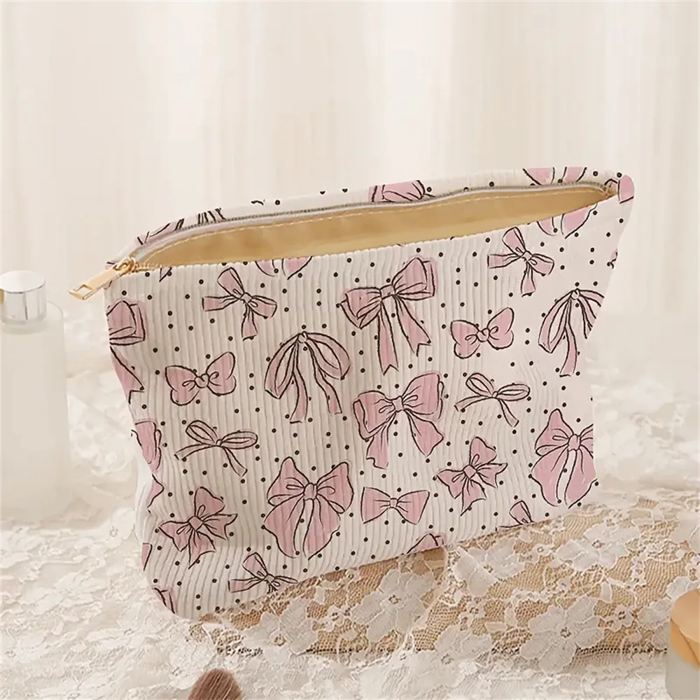 Pink Bowknot Cosmetic Bag Corduroy Zipper Makeup Organizer Lightweight Portable Cosmetic Storage Bag for Women Travel Handbag