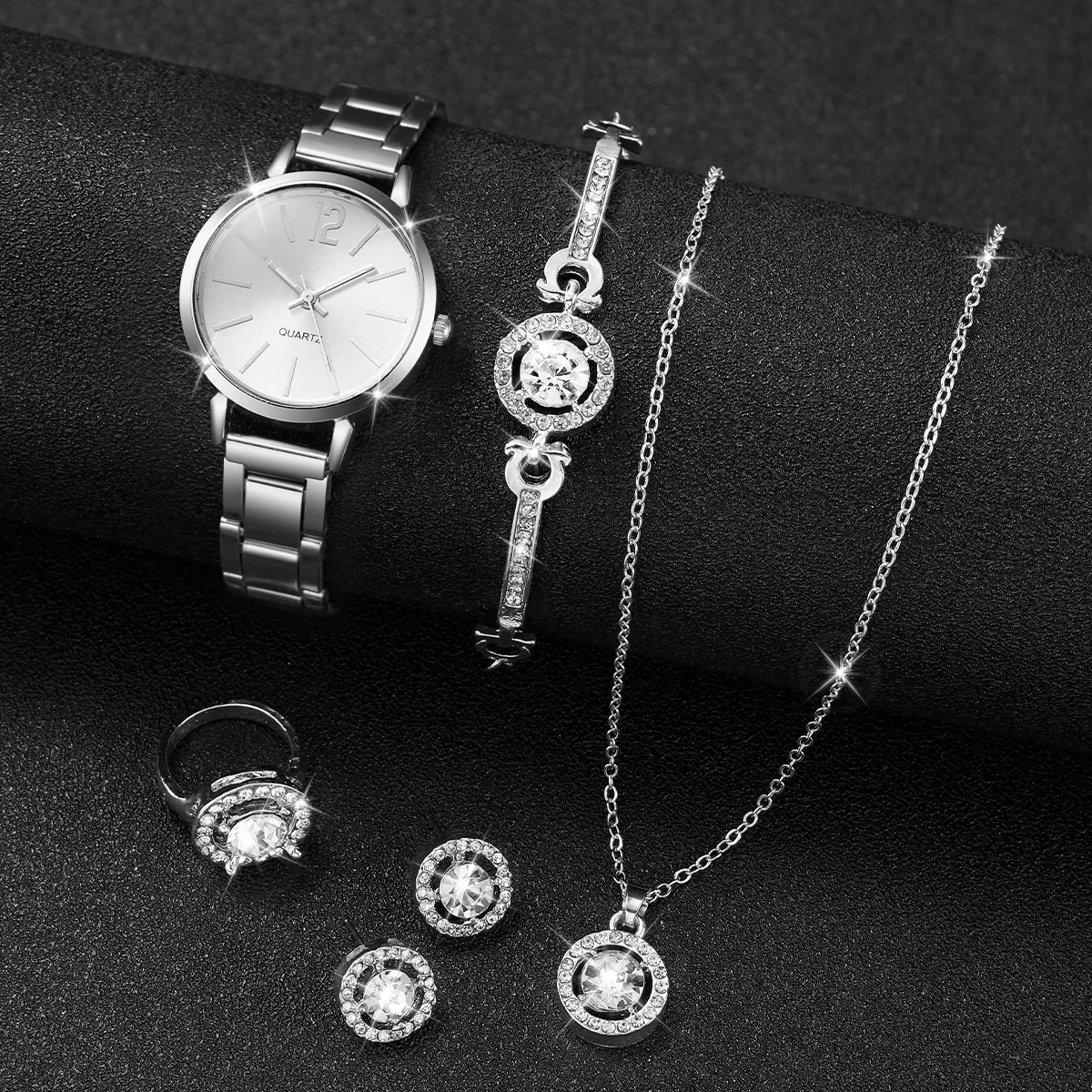 6PCS/Set Women Watches Fashion Stainless Steel Band Quartz Watch Diamond Jewelry（Without Box）