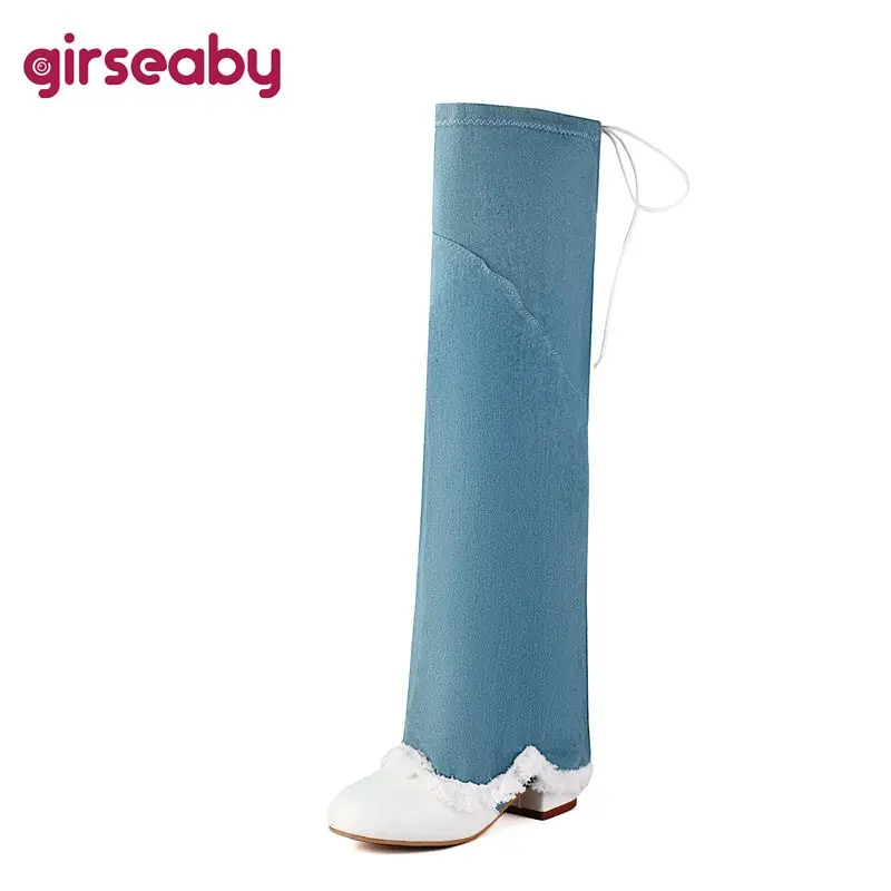 Girseaby Round Toe Double Lace Up Ladies Thigh High Footwear 4cm Chunky Heel Fashion Black Blue Extended Size 41 42 43