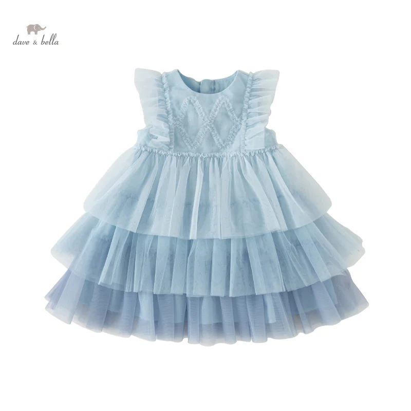 Dave Bella Girl\'s Princess Dress 2024 New Summer Children\'s Baby Sleeveless Blue Mesh Layered Dress Cute Sweet Party DB2240502