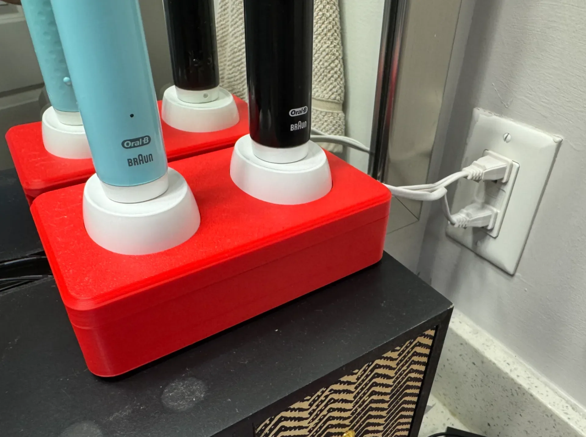 3D Printed Dual Toothbrush Charging Station Holder Organizes Two Chargers At Once Sleek Countertop Design For Bathroom
