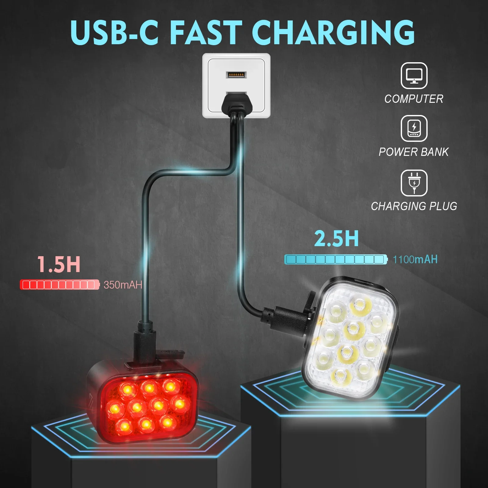 BUCKLOS Ultralight Bicycle Front Rear Light Bike Tail LED Lamp USB Rechargeable Bicycle Taillight Headlight Cycling Light Set