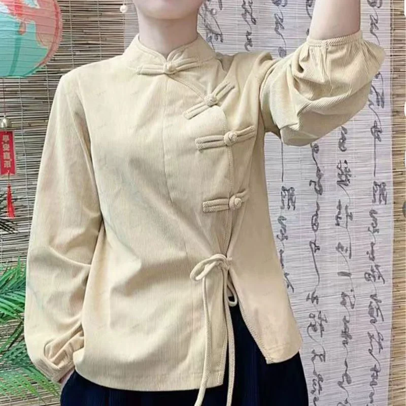 

New Chinese Style Women's Top Retro Fashion Modified Shirt Slant Collar National Buttoned Blouse