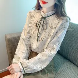 Stand Collar Puff Sleeve Floral Chiffon Shirt New Fashion Loose Temperament Long Top for Women