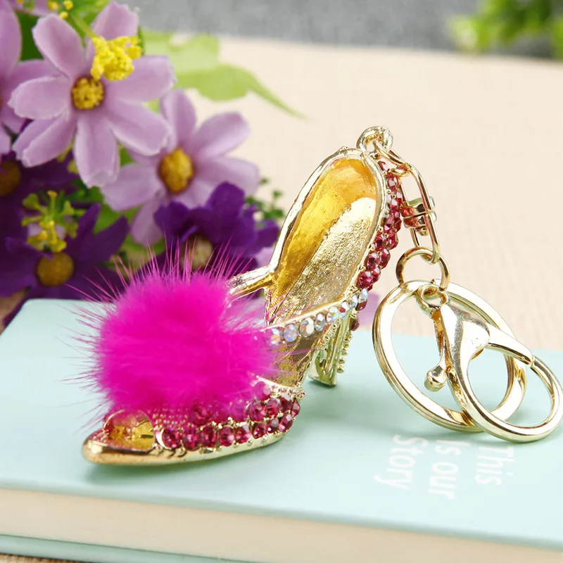 Fashion KeyChains Crystal Rhinestone Hairball Decoration Shoes Key Chains Rings Holder Purse Bag Buckle Pendant