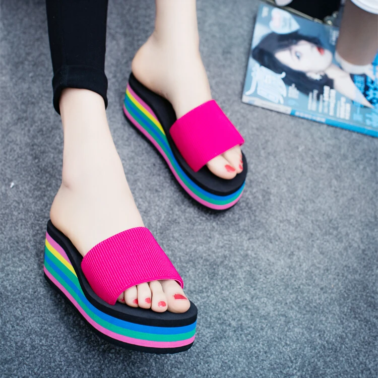 Slippers Women's Summer Thick-soled Foam-soled Shoes Sandals Student Women's Beach Shoes High-heeled Wedge-heeled Middle-heeled