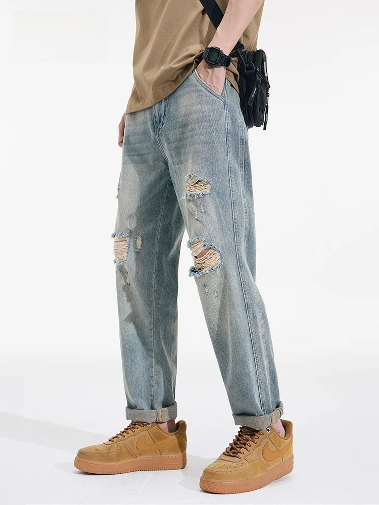 

JFU American Retro Waed Hole Denim Jeans Men Loose Cone ape Harlan Casual Long Pants Summer New Sle Loose Fit Jeans