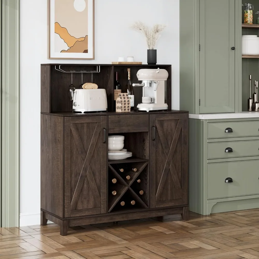 Modern Farmhouse Coffee Bar Cabinet, Barn Doors Wine Liquor Bar Cabinet with Storage Hutch, Kitchen Sideboard Buffet