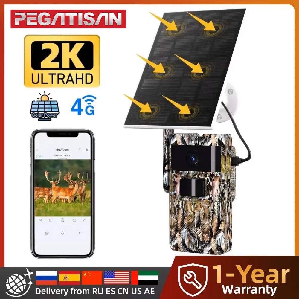 PEGATAH 4G Solar Powered Trail Camera 2K Videos 14MP Pictures IR Night Vision Outdoor Camera For Wildlife Monitoring Hunting