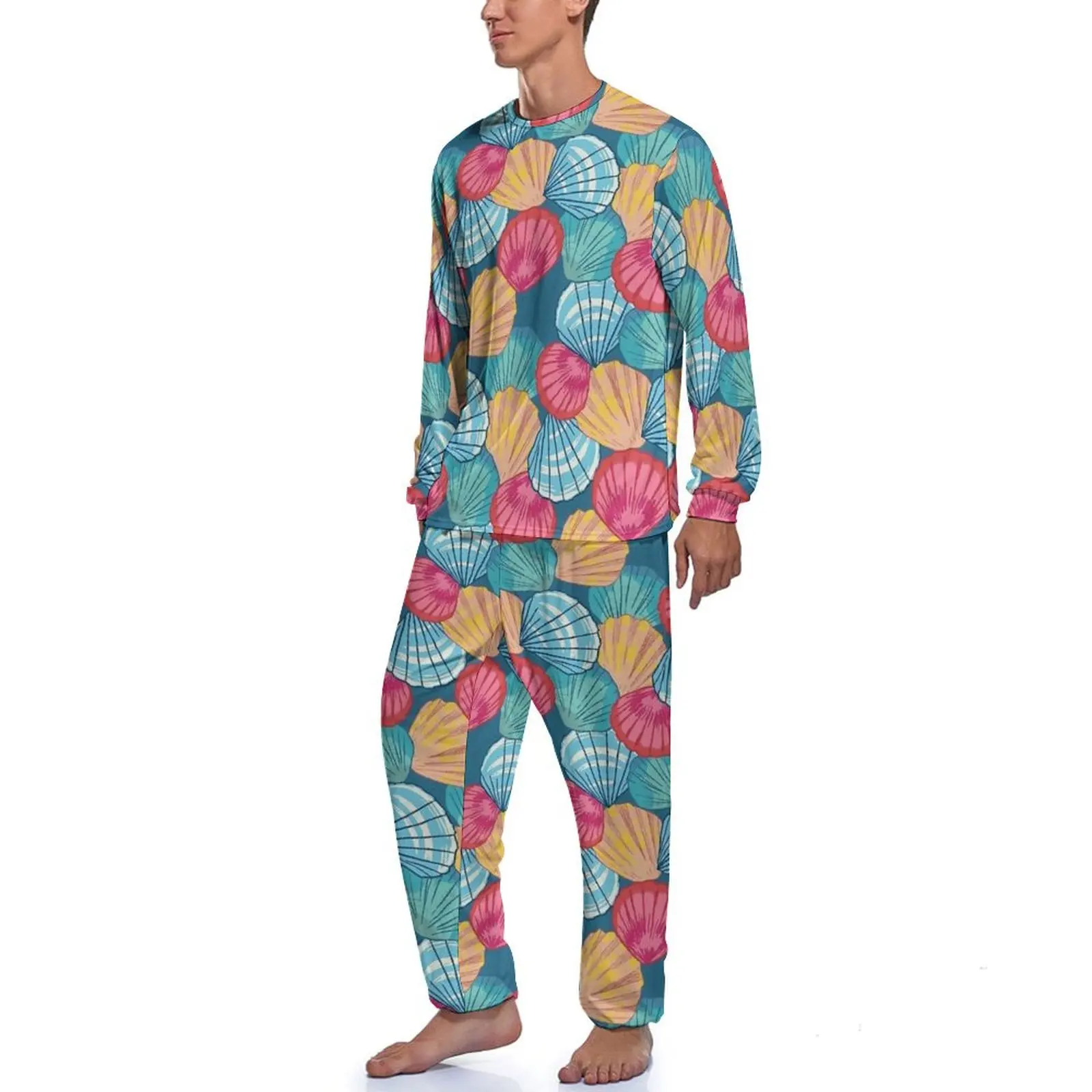 Sea Shells Pajamas Autumn 2 Piece Colorful Print Warm Pajamas Set Man Long Sleeve Sleep Custom Sleepwear