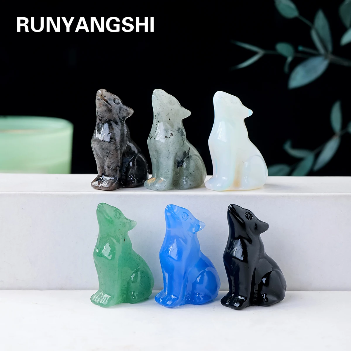 1PC Natural Crystal Mini Carving Wolf Healing Stone Blue Opalite Obsidian Cute Animal Carving Home Decoration