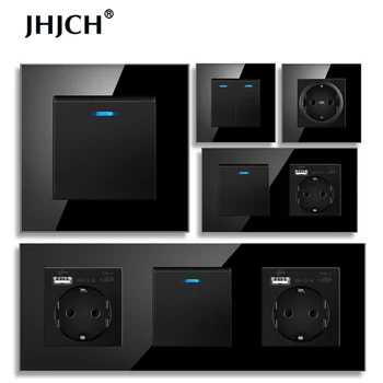 JHJCH EU power socket with plug 2.1A 16A USB charging port glass panel Russian Spanish power socket