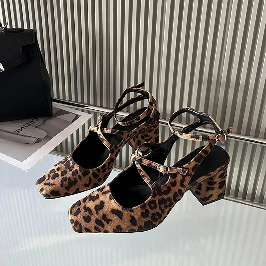 TRAF Fashion Leopard Pump Sandals For Woman Wine Red Round Head Square Heel Slingbacks Metal Buckle Thin Ankle Strap Women Shoes