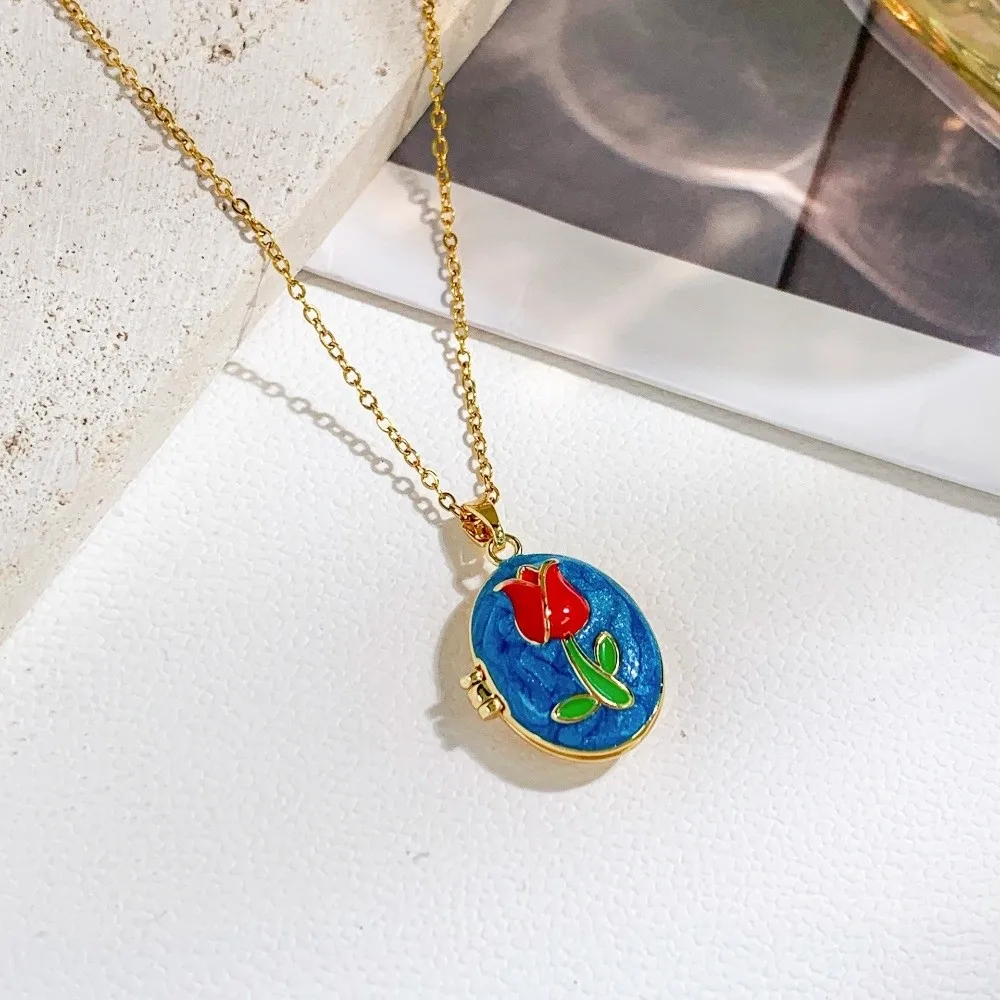 Titanium Steel Photo Locket Pendant Zircon Decoration Non-Fading Vintage Enamel Openable Frame Openable Photo Locket