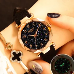 Luxo Starry Sky Watch para mulheres, relógio de pulso quartzo feminino, couro vermelho, relógio impermeável, moda