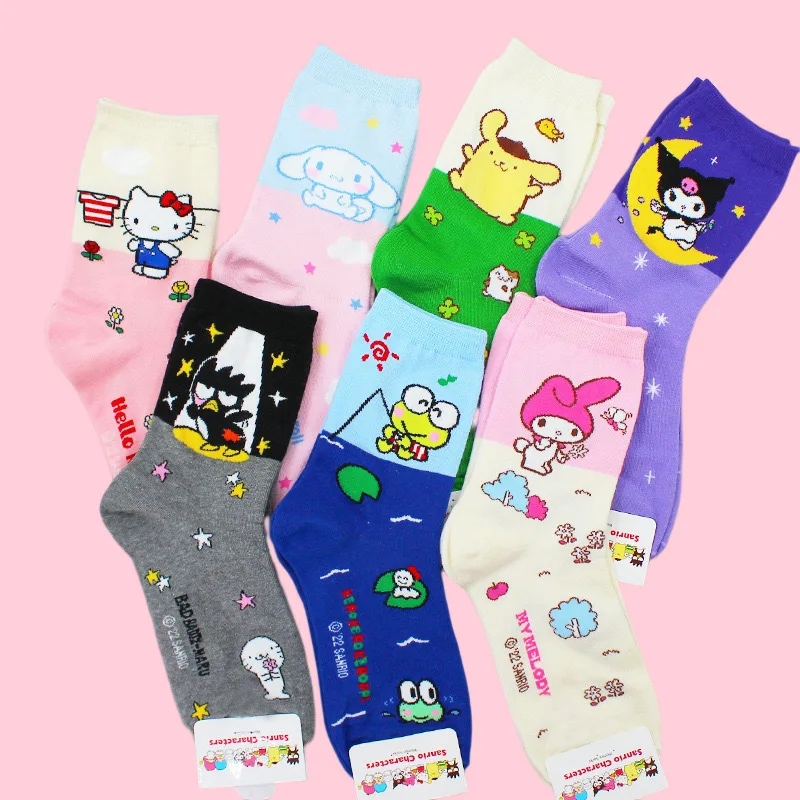 

7pairs Sanrio cartoons comics Socks Ladies Hello kitty Kuromi Combed Cotton Mid-tube Stockings Girl average size 18-40 years