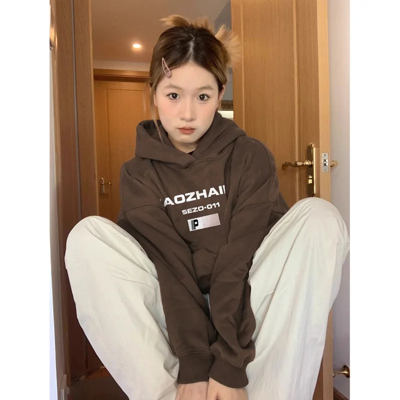 Felpa con cappuccio foderata American Retro Fce da donna Autunno Inverno Oversize Trendy Brand Coppia Outfit Jaet Casual Pendolari