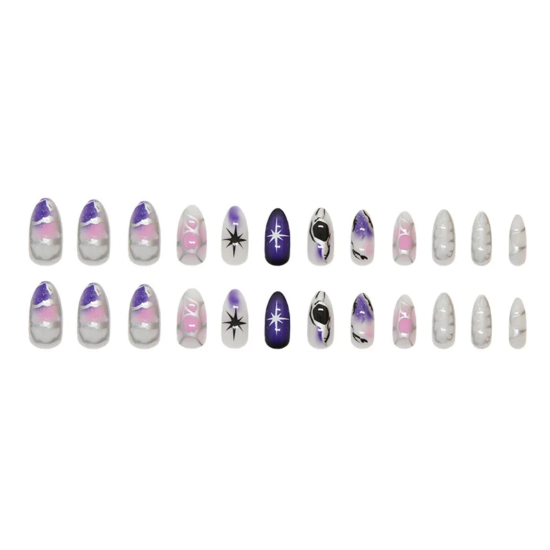 24 個入りミディアムアーモンドプレスオンネイル - エッジの効いたグリッタースタイルのギャラクティックストライプデザイン |   女の子向け