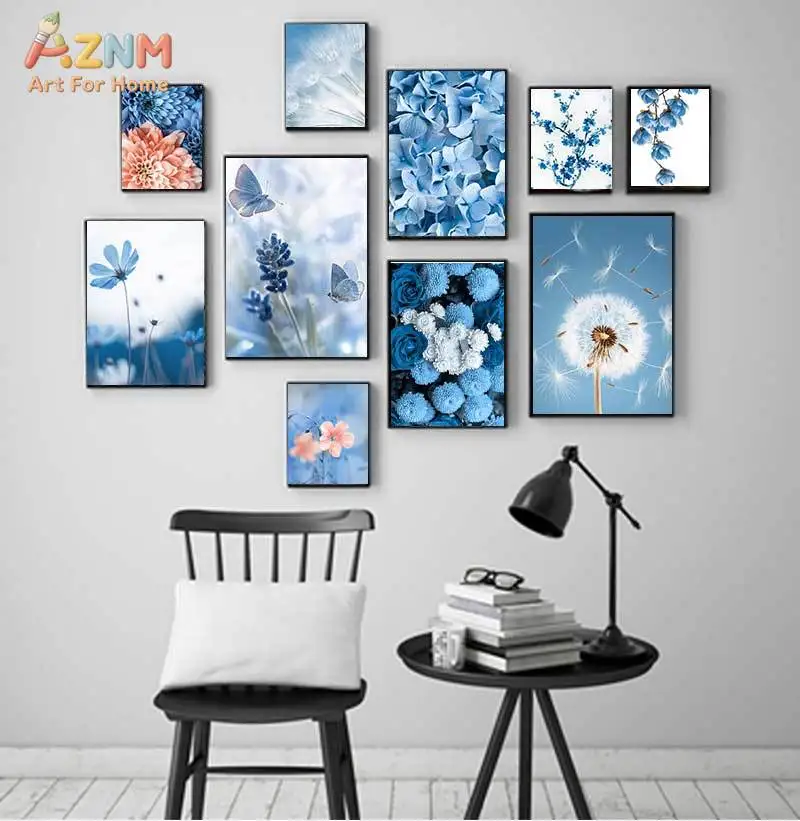 AZNM Blue Floral Canvas Wall Art Hydrangea Dandelion Butterfly Flower Photography Print Unframed Canvas Minimalist Bedroom Decor