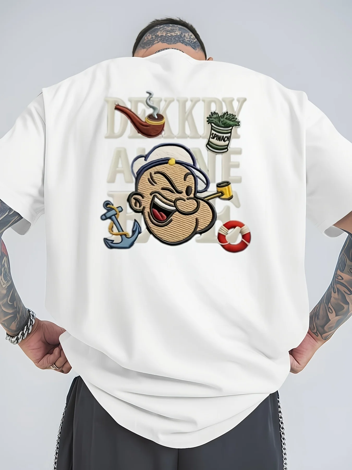 Camiseta con estampado divertido de Popeye para hombre, camiseta holgada de manga corta con estampado en la espalda de dibujos animados retro americanos