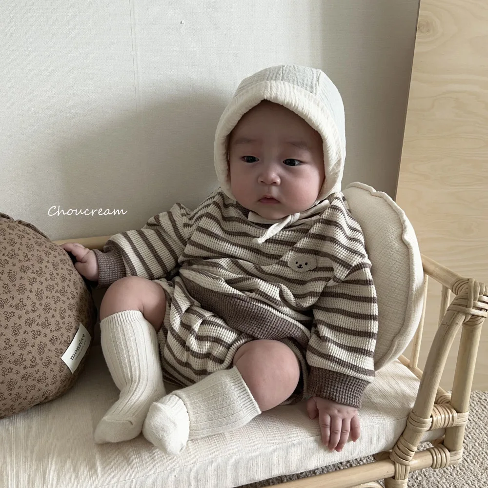 2026 Spring New Baby Long Sleeve Clothes Set Infant Boy Girl Striped Tops + Shorts 2pcs Suit Toddler Waffle Casual Outfits