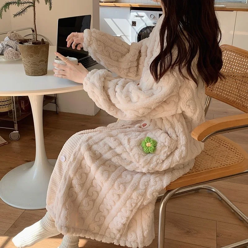 Flannel Robe Women Fleece Long Sleeve Thicken Warm Thermal Bathrobe Winter Home Clothes Long Dressing Gown Pajama Robe Nightwear