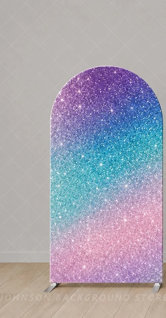 Mermaid Tail Arch Backdrop Cover Purple Blue Glitter Mermaid Scales Under the Sea Three Panel Girls Birthday rainbow Background