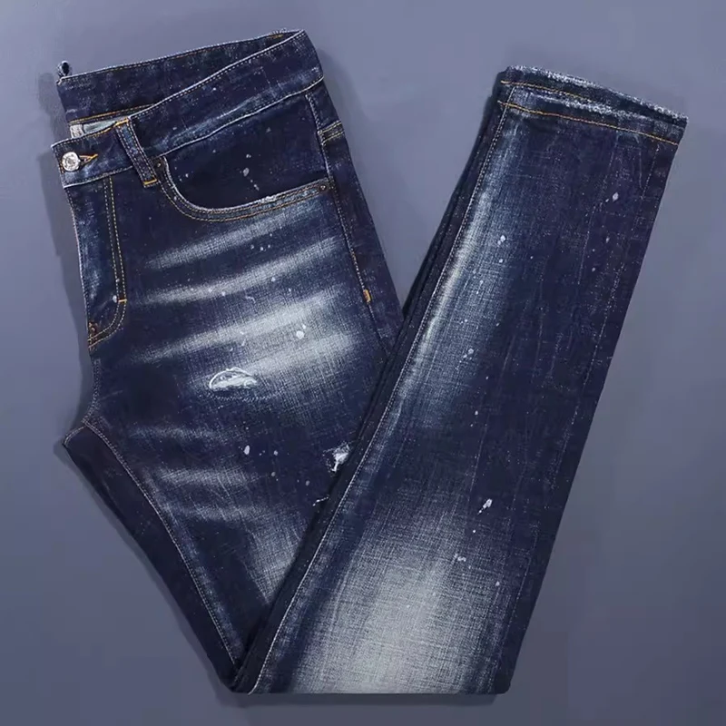 Men Deep‑Blue Streaky Whisker Wash Embossed Square Patch Mark Paint Speckle Stretch Skinny Denim Jeans Hip‑Hop Streetwear Denim