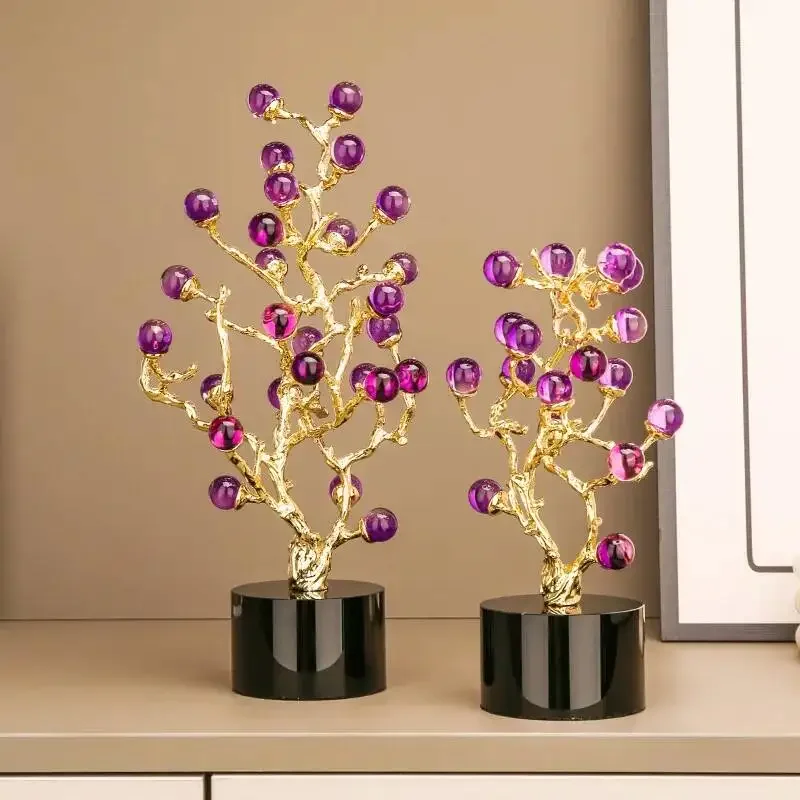 Amethyst Tree Metal Plant Ornaments Grapevine Statue Crystal Grape Handicrafts Metal Figurine Home Decoration Accessories