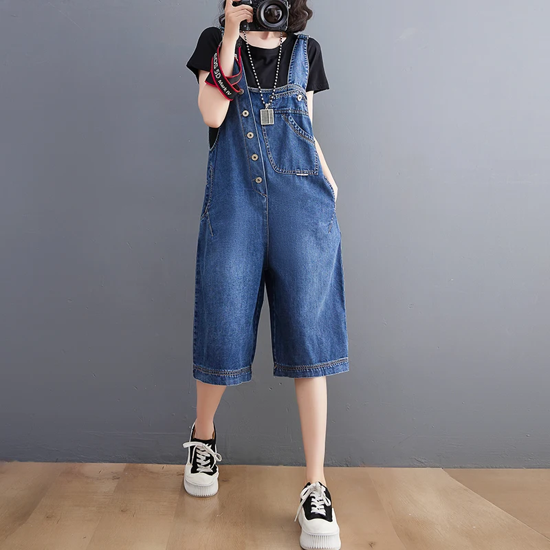 Loose Suspender Jeans Women Sleeveless Jeans Jumpsuit New Summer Streetwear Denim Overalls Baggy Solid Wide Legs Denim Shorts