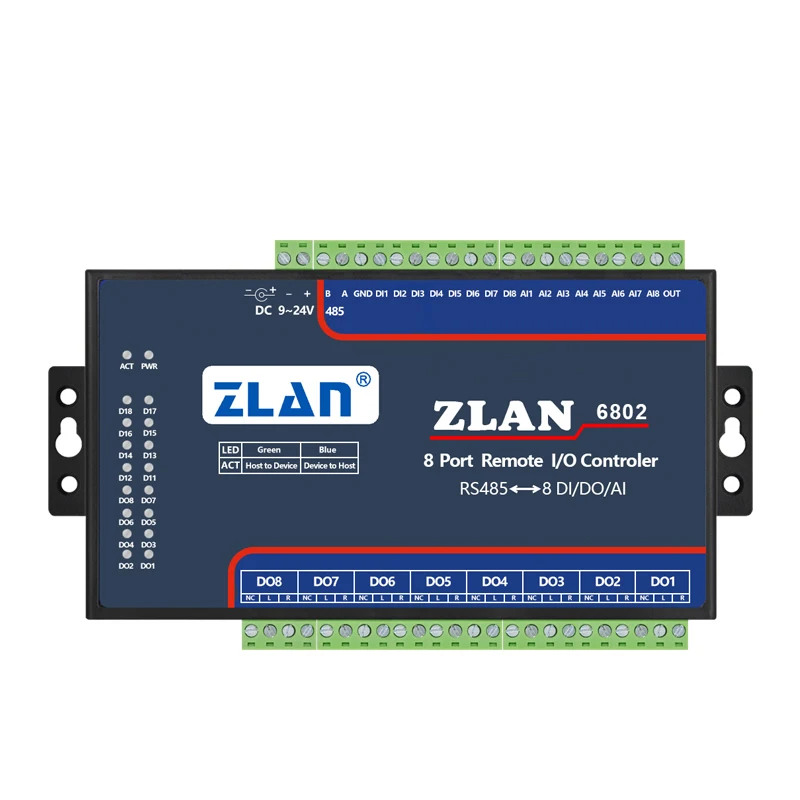ZLAN6802 Remote IO Controller Switching Input/Output Module 4-20ma 485 Analog Eight DI/DO/AI Channels Communication Networking
