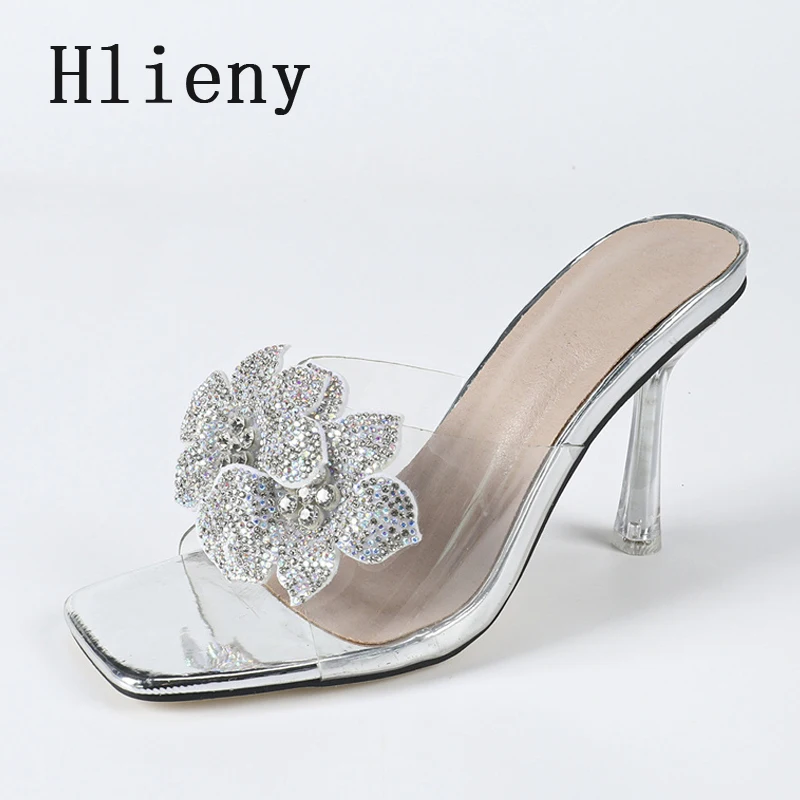 

Hlieny Summer New Rhinestone Women's Slippers Thin High Heels Summer Female Party Dress Sandals Wedding Mules Slides Shoes