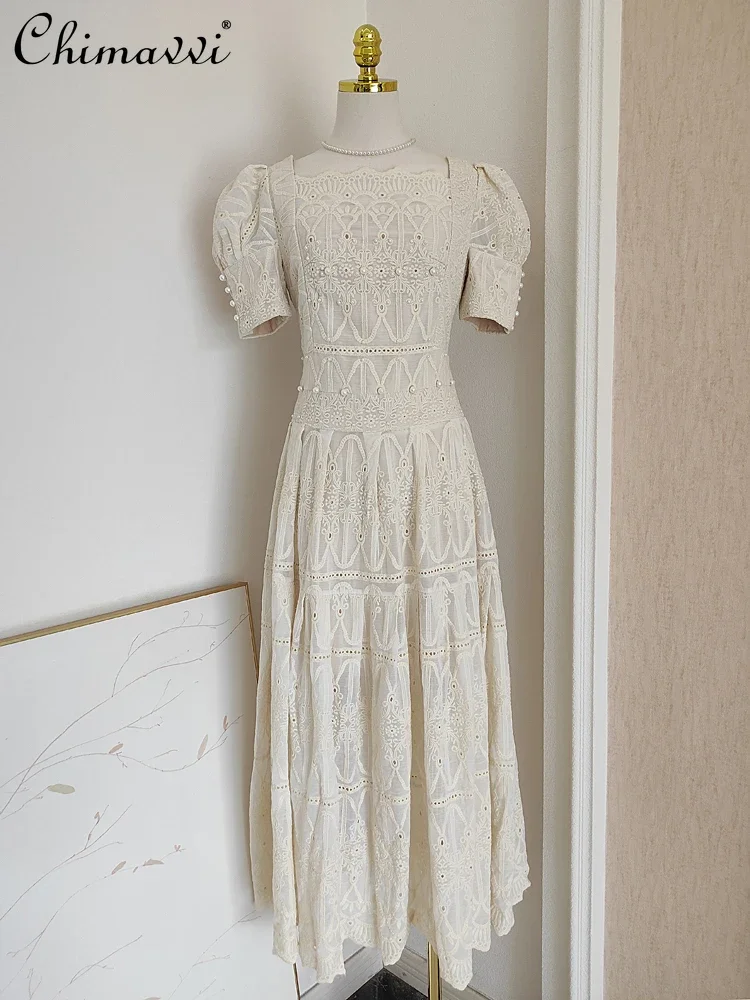 

French Style Embroidery Hollow Out Beaded Wavy Edge Square Collar Puff Sleeve High Waist Slim Fit A-line Long Dress Women Summer