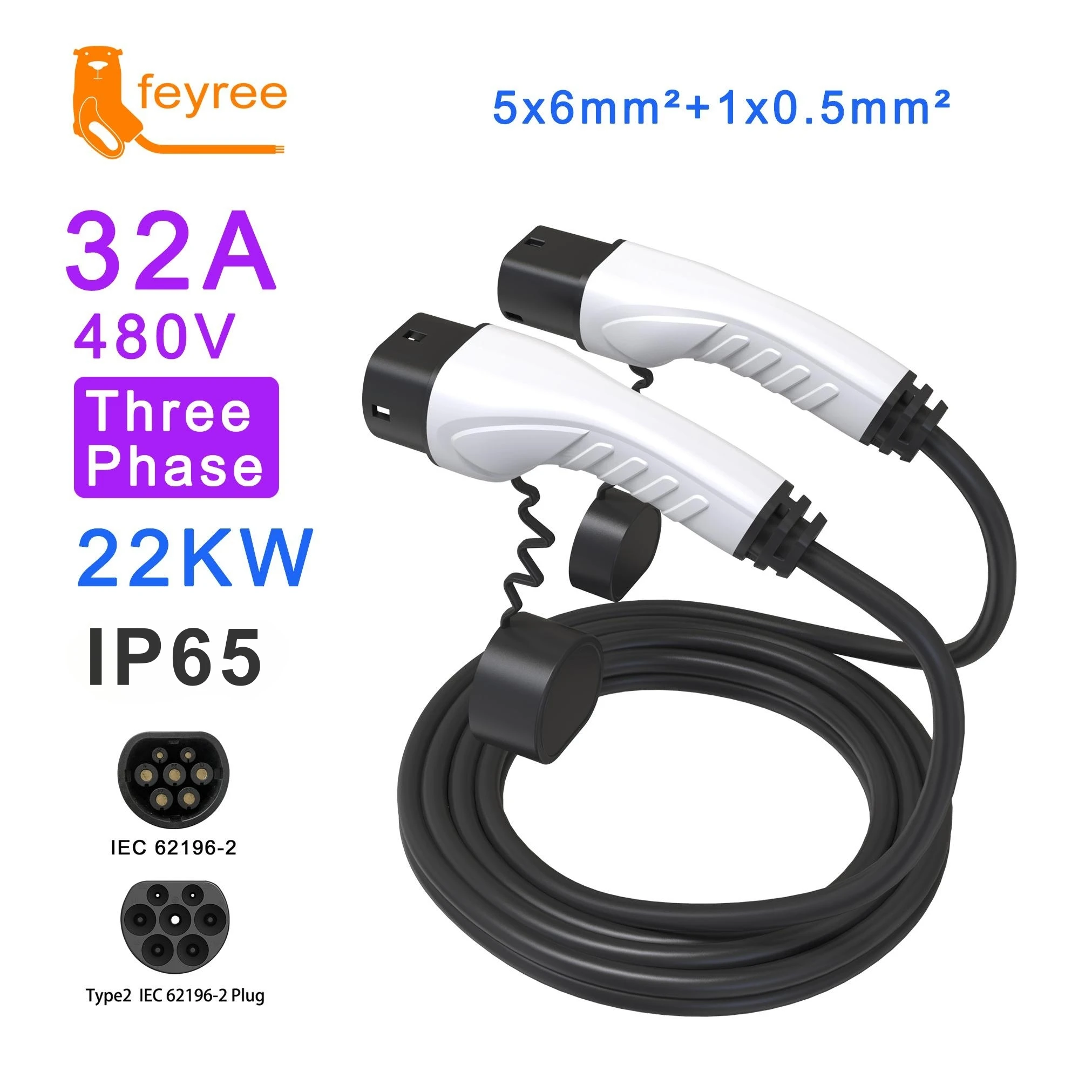 EV Charger Type2 to Type2 Cable Female to Male 16A 32A 1 Phase 3 Phase IEC 62196-2 Plug with 5M Cable for Electric Vehicle Car