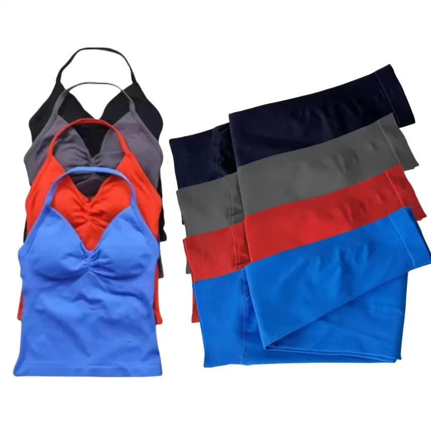 طقم يوجا مكون من قطعتين سترة برقبة للنساء وطماق من نفس اللون للتدريب على المقاومة والجري طقم سترة بدون خياطة