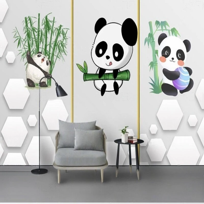Modern creative cartoon panda brick wall children's room wallpaper TV luxurious home decoration bedroom background wall
